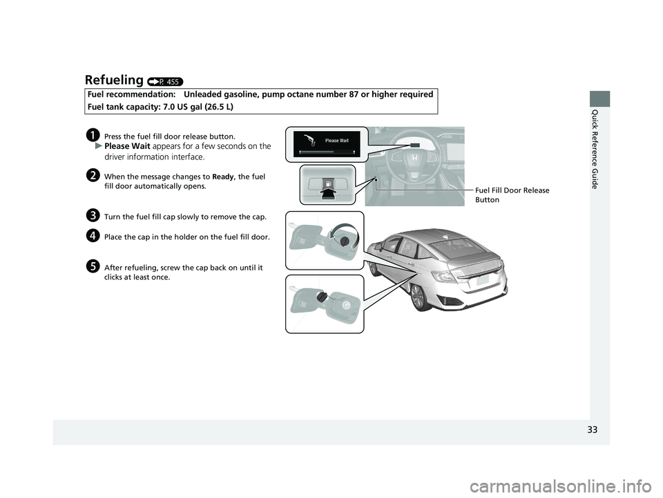 HONDA CLARITY PLUG-IN 2020  Owners Manual (in English) 33
Quick Reference Guide
Refueling (P 455)
Fuel recommendation: Unleaded gasoline, pump octane number 87 or higher required
Fuel tank capacity: 7.0 US gal (26.5 L)
aPress the fuel fill door release bu