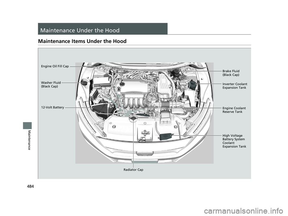HONDA CLARITY PLUG-IN 2020  Owners Manual (in English) 484
Maintenance
Maintenance Under the Hood
Maintenance Items Under the Hood
Washer Fluid 
(Black Cap)
12-Volt BatteryBrake Fluid 
(Black Cap)
Inverter Coolant 
Expansion Tank
Engine Coolant 
Reserve T