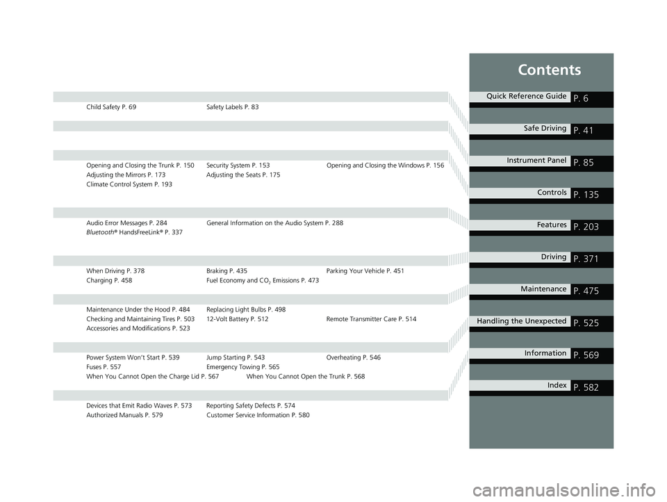 HONDA CLARITY PLUG-IN 2020 Owners Manual (in English) Contents
Child Safety P. 69Safety Labels P. 83
Opening and Closing the Trunk P. 150 Security System P. 153 Opening and Closing the Windows P. 156
Adjusting the Mirrors P. 173 Adjusting the Seats P. 17 HONDA CLARITY PLUG-IN 2020 Owners Manual (in English) Contents
Child Safety P. 69Safety Labels P. 83
Opening and Closing the Trunk P. 150 Security System P. 153 Opening and Closing the Windows P. 156
Adjusting the Mirrors P. 173 Adjusting the Seats P. 17