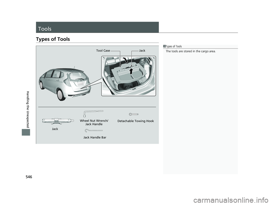 HONDA FIT 2020  Owners Manual (in English) 546
Handling the Unexpected
Tools
Types of Tools
1Types of Tools
The tools are stored in the cargo area.
Wheel Nut Wrench/
Jack Handle
Jack Handle Bar Detachable Towing Hook
Tool Case Jack
Jack
20 FIT