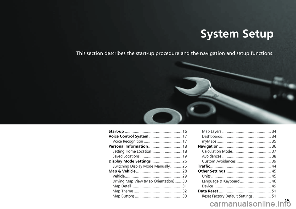 HONDA FIT 2020  Navigation Manual (in English) 15
System Setup
This section describes the start-up procedure and the navigation and setup functions.
Start-up....................................................16
Voice Control System ..............
