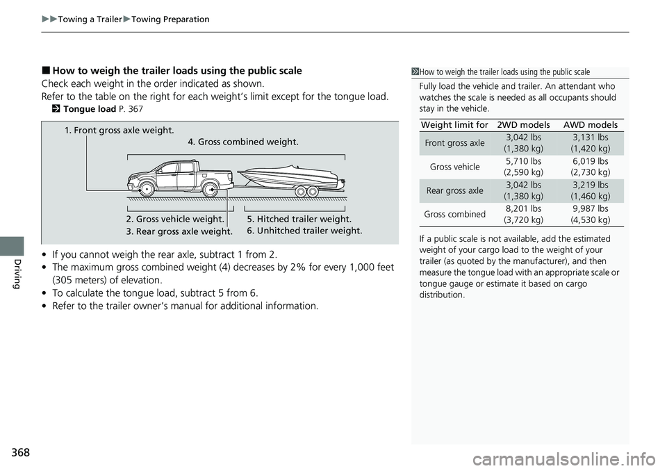 HONDA RIDGELINE 2020  Owners Manual (in English) uuTowing a Trailer uTowing Preparation
368
Driving
■How to weigh the trailer lo ads using the public scale
Check each weight in the order indicated as shown.
Refer to the table on the right for each