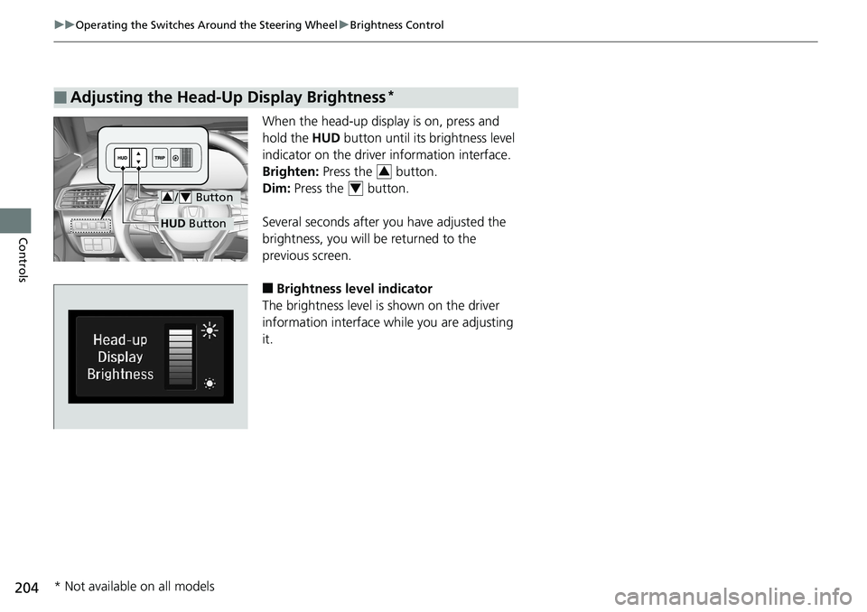 HONDA ACCORD SEDAN 2019  Owners Manual (in English) 204
uuOperating the Switches Around the Steering Wheel uBrightness Control
Controls
When the head-up display is on, press and 
hold the  HUD button until its brightness level 
indicator on the driver 