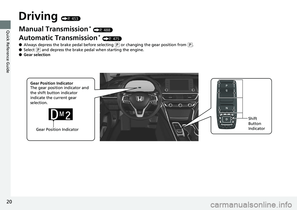 HONDA ACCORD SEDAN 2019  Owners Manual (in English) 20
Quick Reference Guide
Driving (P 453)
Gear Position IndicatorShift 
Button 
Indicator
Manual Transmission* (P 488)
Automatic Transmission* (P 475)
● Always depress the brake pedal before selectin