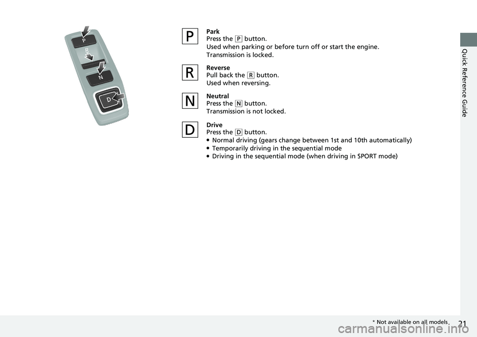 HONDA ACCORD SEDAN 2019  Owners Manual (in English) 21
Quick Reference Guide
Park
Press the (P button.
Used when parking or before  turn off or start the engine.
Transmission is locked.
Reverse
Pull back the 
( R button.
Used when reversing.
Neutral
Pr
