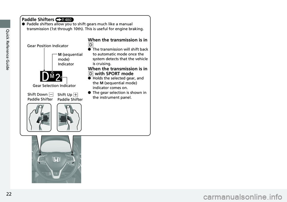 HONDA ACCORD SEDAN 2019  Owners Manual (in English) 22
Quick Reference Guide
M (sequential 
mode) 
Indicator
Gear Position Indicator
Shift Down 
(- 
Paddle Shifter Shift Up (
+ 
Paddle Shifter
Paddle Shifters (P480)
● Paddle shifters allow you to sh 
