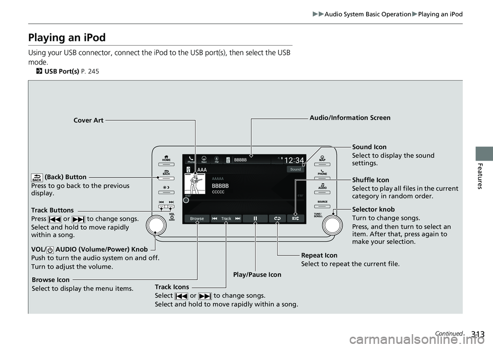 HONDA ACCORD SEDAN 2019  Owners Manual (in English) 313
uuAudio System Basic Operation uPlaying an iPod
Continued
Features
Playing an iPod
Using your USB connector, connect the iPod  to the USB port(s), then select the USB 
mode.
2 USB Port(s)  P. 245
