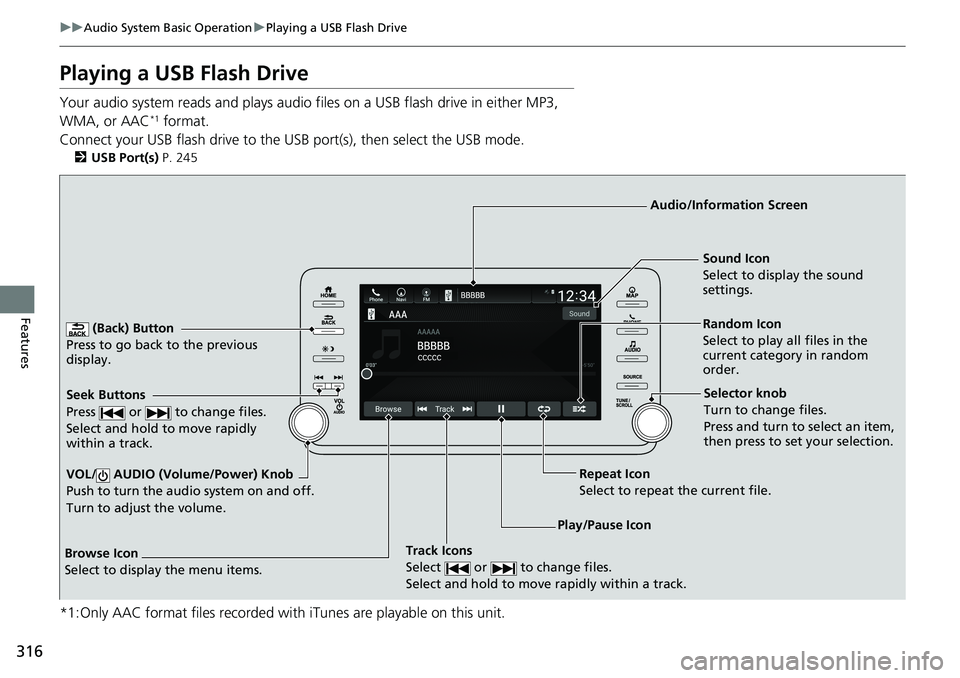 HONDA ACCORD SEDAN 2019  Owners Manual (in English) 316
uuAudio System Basic Operation uPlaying a USB Flash Drive
Features
Playing a USB Flash Drive
Your audio system reads and plays audio f iles on a USB flash drive in either MP3, 
WMA, or AAC*1 forma