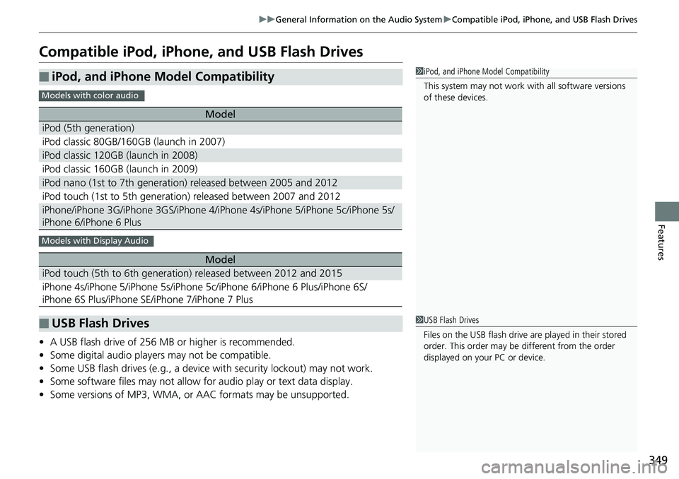 HONDA ACCORD SEDAN 2019  Owners Manual (in English) 349
uuGeneral Information on the Audio System uCompatible iPod, iPhone, and USB Flash Drives
Features
Compatible iPod, iPhone , and USB Flash Drives
•A USB flash drive of 256 MB or higher is recomme
