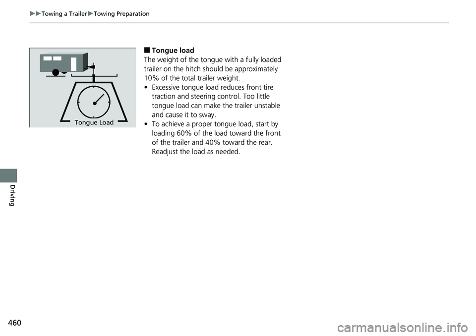 HONDA ACCORD SEDAN 2019  Owners Manual (in English) 460
uuTowing a Trailer uTowing Preparation
Driving
■Tongue load
The weight of the tongue with a fully loaded 
trailer on the hitch should be approximately 
10% of the total trailer weight.
• Exces