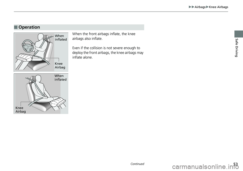 HONDA ACCORD SEDAN 2019  Owners Manual (in English) 53
uuAirbags uKnee Airbags
Continued
Safe DrivingWhen the front airbags inflate, the knee 
airbags also inflate.
Even if the collision is not severe enough to 
deploy the front airbag s, the knee airb