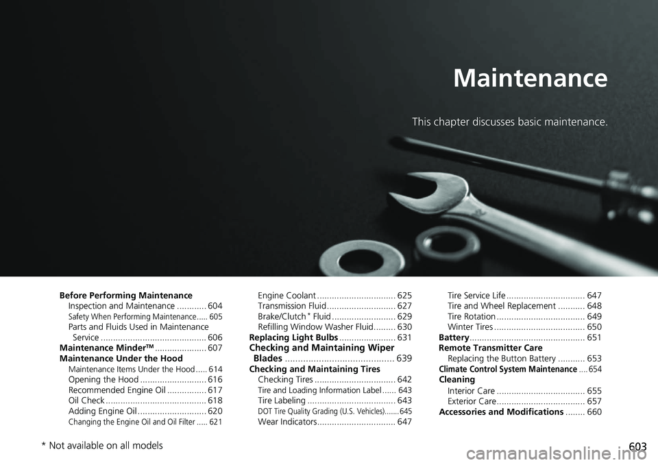 HONDA ACCORD SEDAN 2019  Owners Manual (in English) 603
Maintenance
This chapter discusses basic maintenance.
Before Performing MaintenanceInspection and Maintenance ............ 604
Safety When Performing Maintenance..... 605Parts and Fluids Used in M