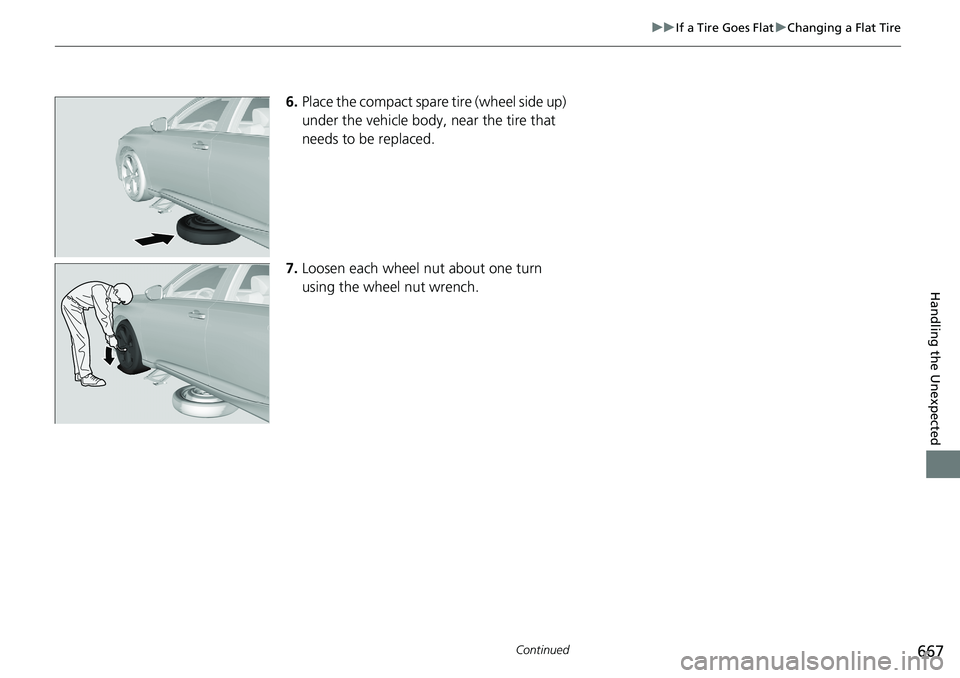 HONDA ACCORD SEDAN 2019  Owners Manual (in English) 667
uuIf a Tire Goes Flat uChanging a Flat Tire
Continued
Handling the Unexpected
6. Place the compact spare  tire (wheel side up) 
under the vehicle body, near the tire that 
needs to be replaced.
7.