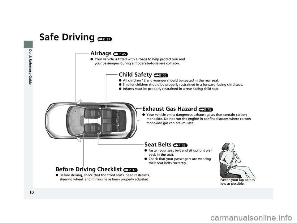 HONDA CIVIC COUPE 2019  Owners Manual (in English) 10
Quick Reference Guide
Safe Driving (P 33)
Airbags (P 46)
● Your vehicle is fitted with ai rbags to help protect you and 
your passengers during a moderate-to-severe collision.
Child Safety (P 60)
