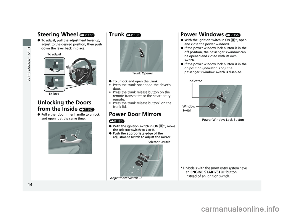 HONDA CIVIC COUPE 2019  Owners Manual (in English) 14
Quick Reference Guide
Steering Wheel (P 177)
● To adjust, pull the adjustment lever up, 
adjust to the desired position, then push 
down the lever back in place.
Unlocking the Doors 
from the Ins