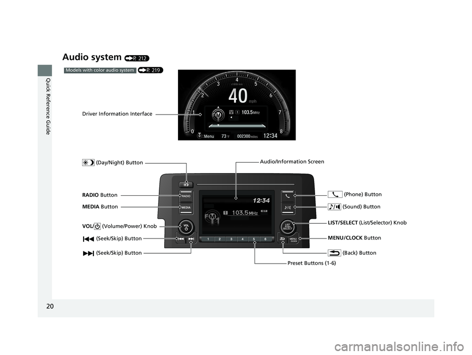 HONDA CIVIC COUPE 2019  Owners Manual (in English) 20
Quick Reference Guide
Audio system (P 212)
 (P 219)Models with color audio system
 (Seek/Skip) Button
RADIO Button
Driver Information Interface
 (Day/Night) Button
MEDIA  Button
Preset Buttons (1-6
