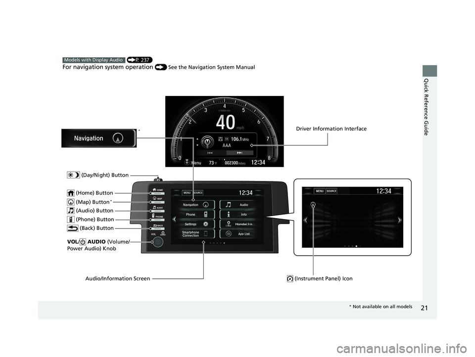 HONDA CIVIC COUPE 2019  Owners Manual (in English) 21
Quick Reference Guide
 (P 237)
For navigation system operation () See the Navigation System Manual
Models with Display Audio
 (Map) Button*
VOL/ AUDIO  (Volume/
Power Audio) Knob
 (Home) Button
 (B