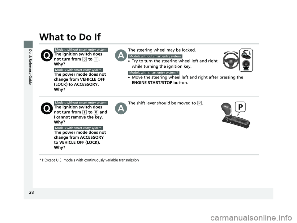 HONDA CIVIC COUPE 2019  Owners Manual (in English) 28
Quick Reference Guide
What to Do If
*1:Except U.S. models with continuously variable transmission
The ignition switch does 
not turn from 
(0 to (q. 
Why?
The power mode does not 
change from VEHIC