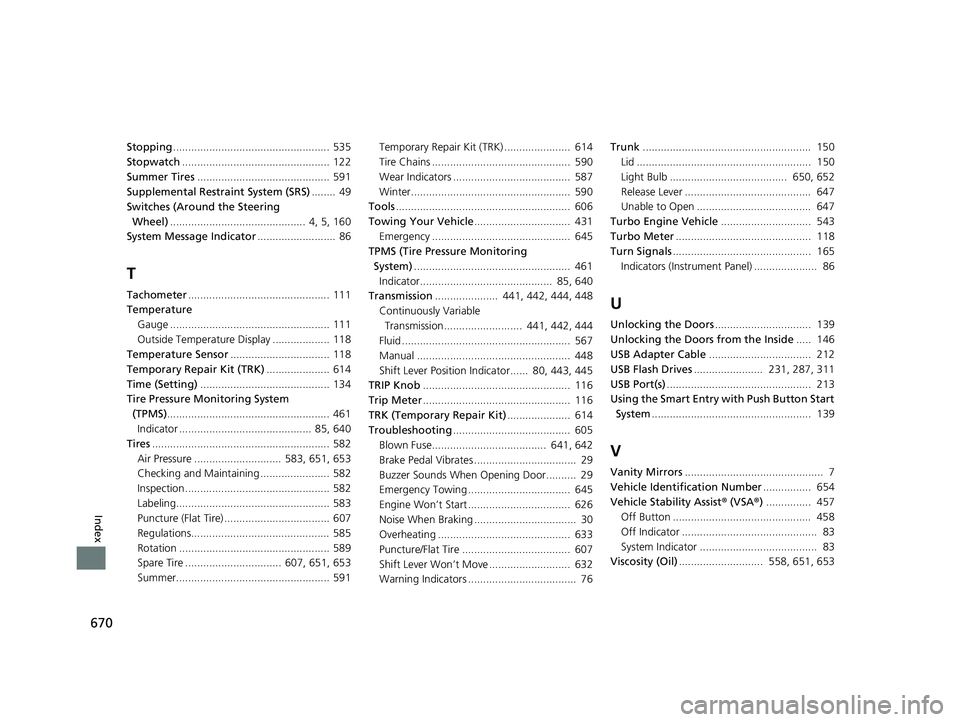 HONDA CIVIC COUPE 2019  Owners Manual (in English) 670
Index
Stopping.................................................... 535
Stopwatch ................................................. 122
Summer Tires ............................................ 591