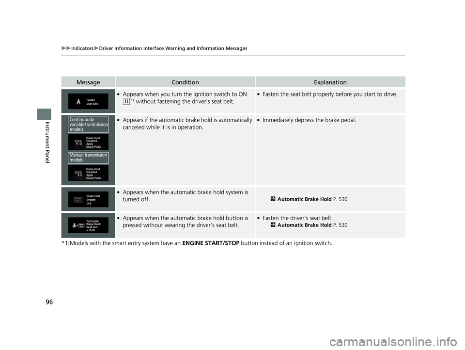 HONDA CIVIC COUPE 2019  Owners Manual (in English) 96
uuIndicators uDriver Information Interface Wa rning and Information Messages
Instrument Panel
*1:Models with the smart entry system have an  ENGINE START/STOP button instead of an ignition switch.
