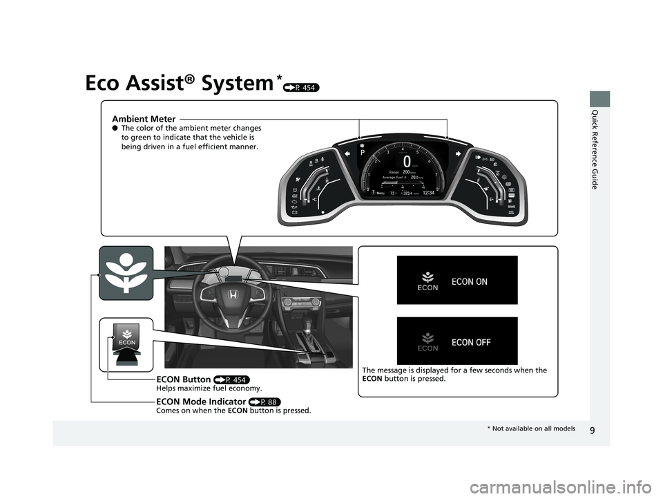 HONDA CIVIC SEDAN 2019  Owners Manual (in English) 9
Quick Reference Guide
Eco Assist® System*(P 454)
Ambient Meter●The color of the ambient meter changes 
to green to indicate that the vehicle is 
being driven in a fuel efficient manner.
ECON Butt