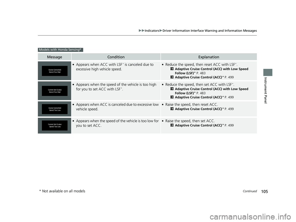 HONDA CIVIC SEDAN 2019  Owners Manual (in English) 105
uuIndicators uDriver Information Interface Wa rning and Information Messages
Continued
Instrument Panel
MessageConditionExplanation
●Appears when ACC with LSF* is canceled due to 
excessive high
