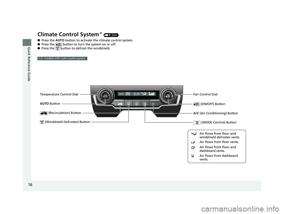 HONDA CIVIC SEDAN 2019  Owners Manual (in English) 16
Quick Reference Guide
Climate Control System* (P204)
● Press the  AUTO button to activate the climate control system.
● Press the   button to turn the system on or off.
● Press the   button t
