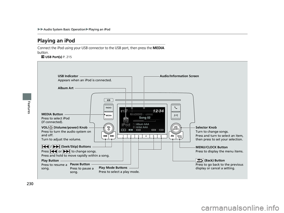 HONDA CIVIC SEDAN 2019  Owners Manual (in English) 230
uuAudio System Basic Operation uPlaying an iPod
Features
Playing an iPod
Connect the iPod using your USB connector to the USB port, then press the  MEDIA 
button.
2 USB Port(s)  P. 215
USB Indicat