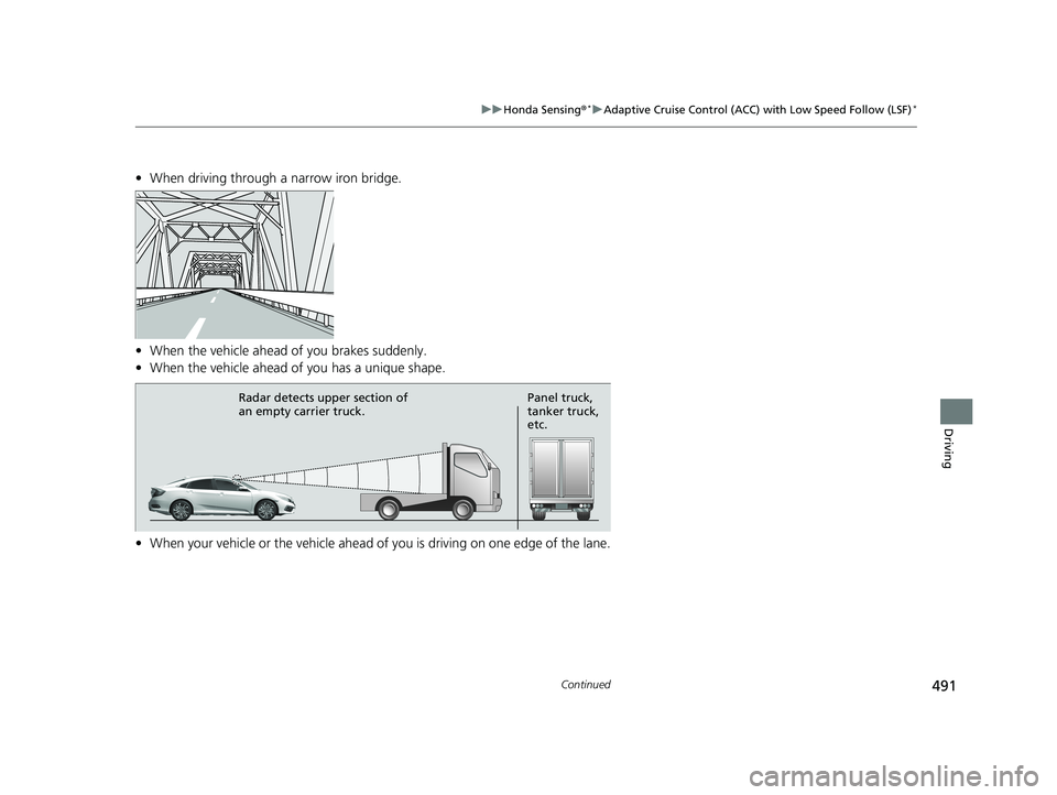 HONDA CIVIC SEDAN 2019  Owners Manual (in English) 491
uuHonda Sensing ®*uAdaptive Cruise Control (ACC) with Low Speed Follow (LSF)*
Continued
Driving
• When driving through a narrow iron bridge.
• When the vehicle ahead of you brakes suddenly.
