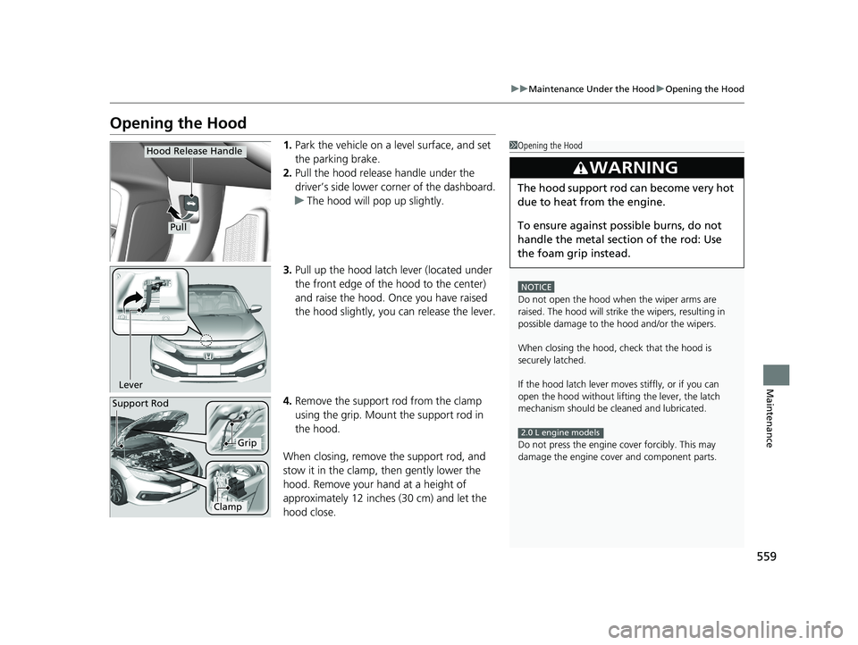 HONDA CIVIC SEDAN 2019  Owners Manual (in English) 559
uuMaintenance Under the Hood uOpening the Hood
Maintenance
Opening the Hood
1. Park the vehicle on a level surface, and set 
the parking brake.
2. Pull the hood release handle under the 
driver’