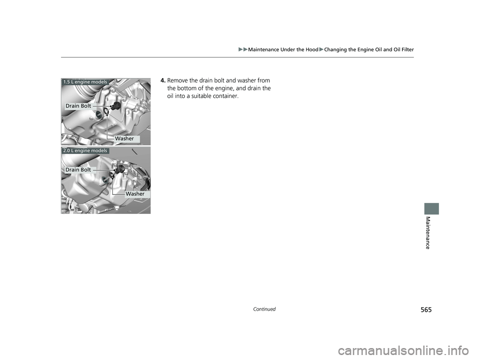 HONDA CIVIC SEDAN 2019  Owners Manual (in English) 565
uuMaintenance Under the Hood uChanging the Engine Oil and Oil Filter
Continued
Maintenance
4. Remove the drain bolt and washer from 
the bottom of the engine, and drain the 
oil into a suitable co