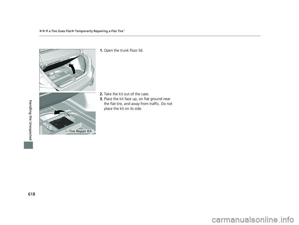HONDA CIVIC SEDAN 2019  Owners Manual (in English) 618
uuIf a Tire Goes Flat uTemporarily Repairing a Flat Tire*
Handling the Unexpected
1. Open the trunk floor lid.
2. Take the kit out of the case.
3. Place the kit face up, on flat ground near 
the f