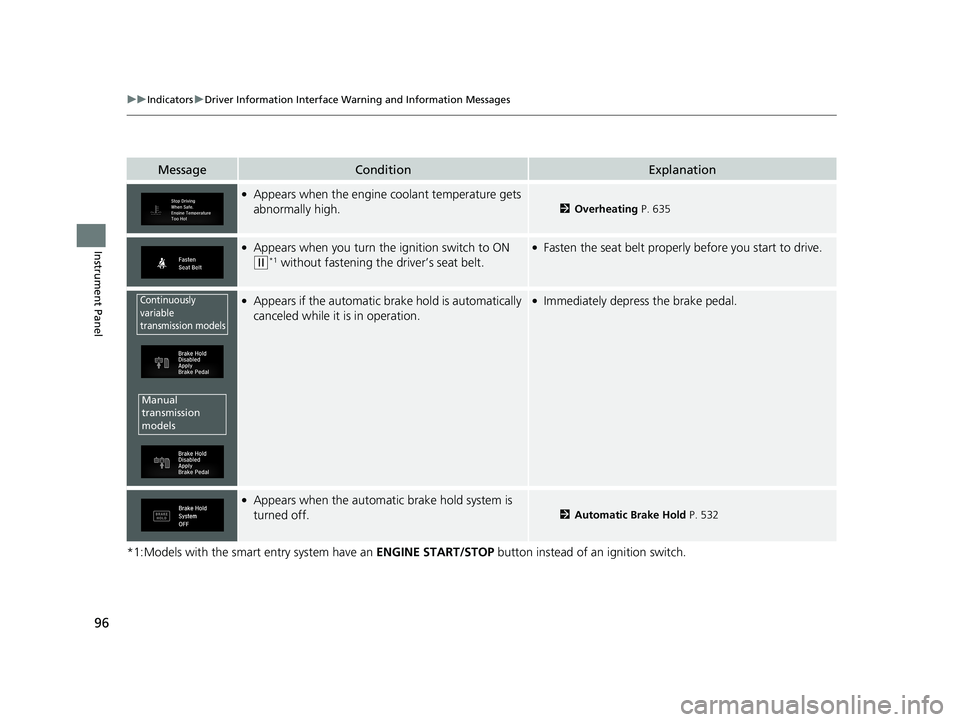 HONDA CIVIC SEDAN 2019  Owners Manual (in English) 96
uuIndicators uDriver Information Interface Wa rning and Information Messages
Instrument Panel
*1:Models with the smart entry system have an  ENGINE START/STOP button instead of an ignition switch.
