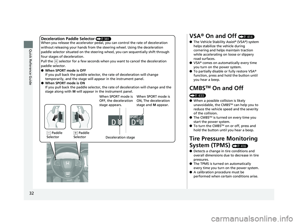 HONDA CLARITY ELECTRIC 2019 Owners Manual (in English) 32
Quick Reference Guide
Deceleration Paddle Selector (P381)
When you release the accelerator pedal, yo u can control the rate of deceleration
without releasing your hands from the steering wheel. U HONDA CLARITY ELECTRIC 2019 Owners Manual (in English) 32
Quick Reference Guide
Deceleration Paddle Selector (P381)
When you release the accelerator pedal, yo u can control the rate of deceleration
without releasing your hands from the steering wheel. U