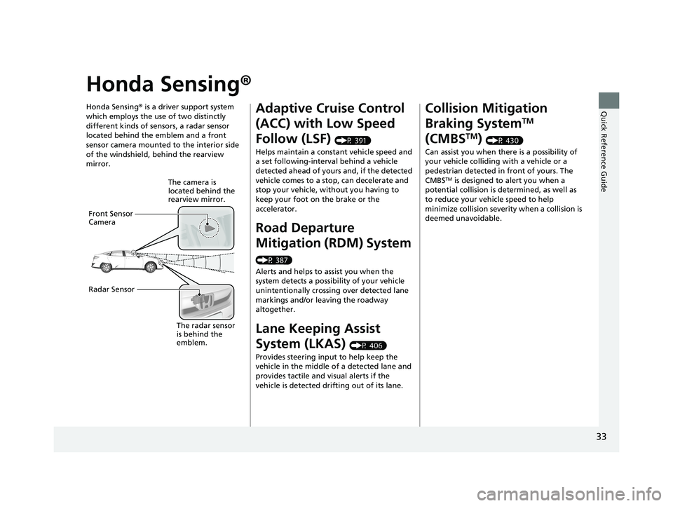 HONDA CLARITY ELECTRIC 2019 Owners Manual (in English) 33
Quick Reference Guide
Honda Sensing®
Honda Sensing® is a driver support system
which employs the use of two distinctly
different kinds of sensors, a radar sensor
located behind the emblem and HONDA CLARITY ELECTRIC 2019 Owners Manual (in English) 33
Quick Reference Guide
Honda Sensing®
Honda Sensing® is a driver support system
which employs the use of two distinctly
different kinds of sensors, a radar sensor
located behind the emblem and