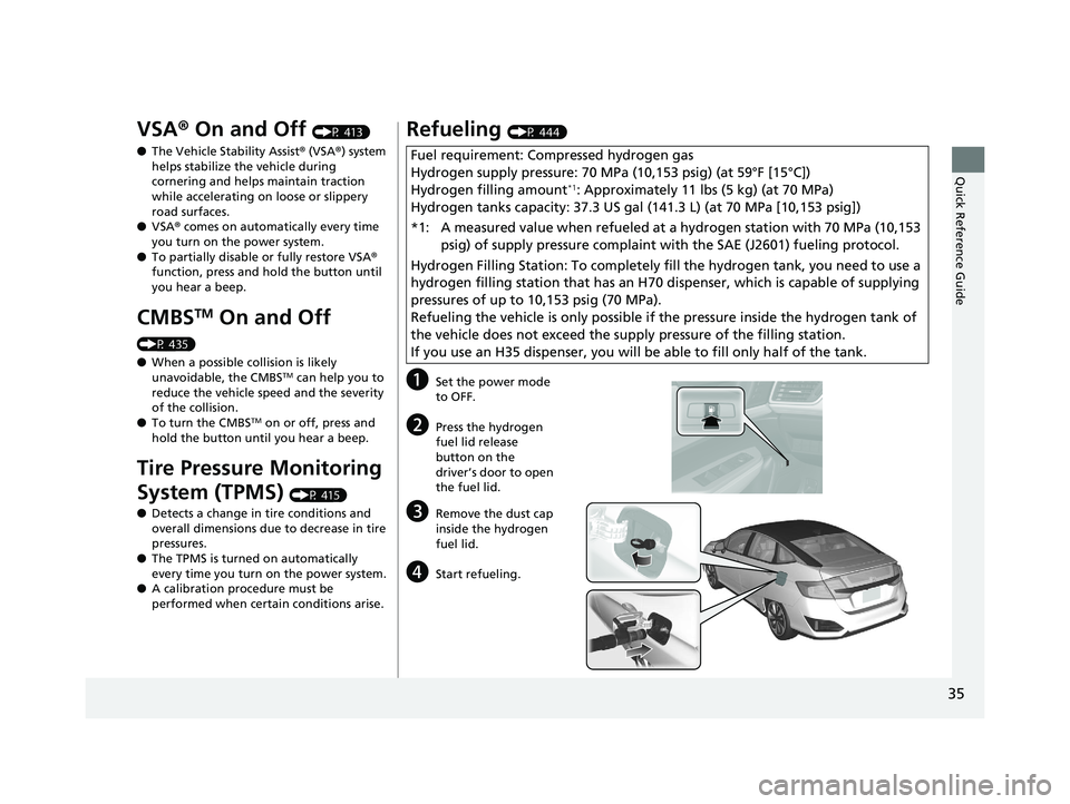 HONDA CLARITY FUEL CELL 2019  Owners Manual (in English) 35
Quick Reference Guide
VSA® On and Off (P 413)
● The Vehicle Stability Assist ® (VSA® ) system 
helps stabilize the vehicle during 
cornering and helps maintain traction 
while accelerating on 