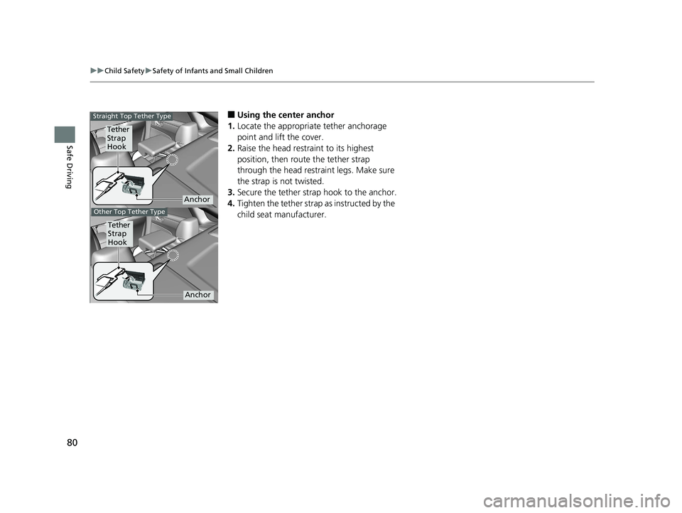 HONDA CLARITY FUEL CELL 2019  Owners Manual (in English) 80
uuChild Safety uSafety of Infants and Small Children
Safe Driving
■Using the center anchor
1. Locate the appropriate tether anchorage 
point and lift the cover.
2. Raise the head restraint to its