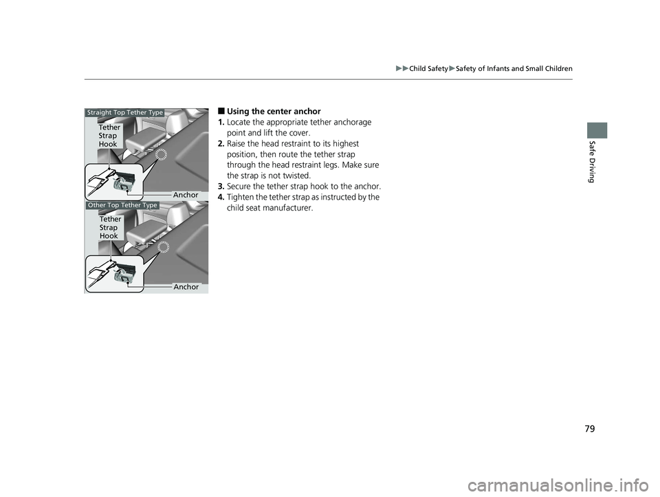 HONDA CLARITY PLUG-IN 2019  Owners Manual (in English) 79
uuChild Safety uSafety of Infants and Small Children
Safe Driving
■Using the center anchor
1. Locate the appropriate tether anchorage 
point and lift the cover.
2. Raise the head restraint to its