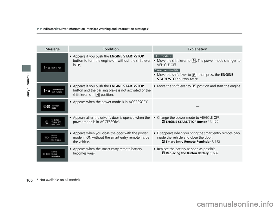 HONDA CR-V 2019 Owners Manual (in English) 106
uuIndicators uDriver Information Interface Wa rning and Information Messages*
Instrument Panel
MessageConditionExplanation
●Appears if you push the ENGINE START/STOP
button to turn the engine HONDA CR-V 2019 Owners Manual (in English) 106
uuIndicators uDriver Information Interface Wa rning and Information Messages*
Instrument Panel
MessageConditionExplanation
●Appears if you push the ENGINE START/STOP
button to turn the engine