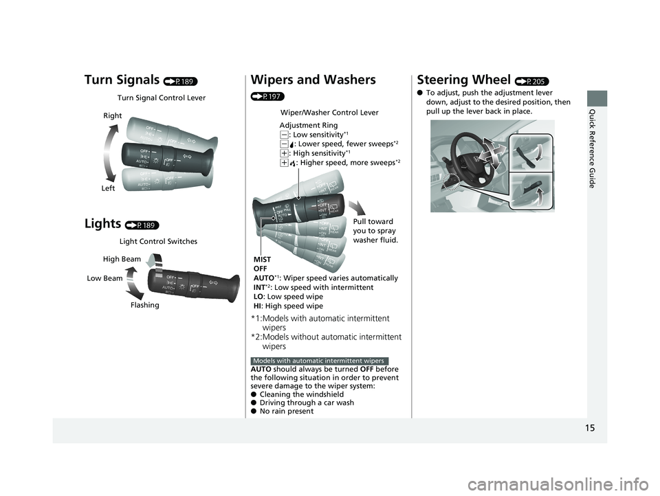 HONDA ODYSSEY 2019 Owners Manual (in English) 15
Quick Reference Guide
Turn Signals (P189)
Lights (P189)
Turn Signal Control Lever
Right
Left
Light Control Switches
Low Beam High Beam
Flashing
Wipers and Washers
(P197)
*1:Models with automatic i HONDA ODYSSEY 2019 Owners Manual (in English) 15
Quick Reference Guide
Turn Signals (P189)
Lights (P189)
Turn Signal Control Lever
Right
Left
Light Control Switches
Low Beam High Beam
Flashing
Wipers and Washers
(P197)
*1:Models with automatic i