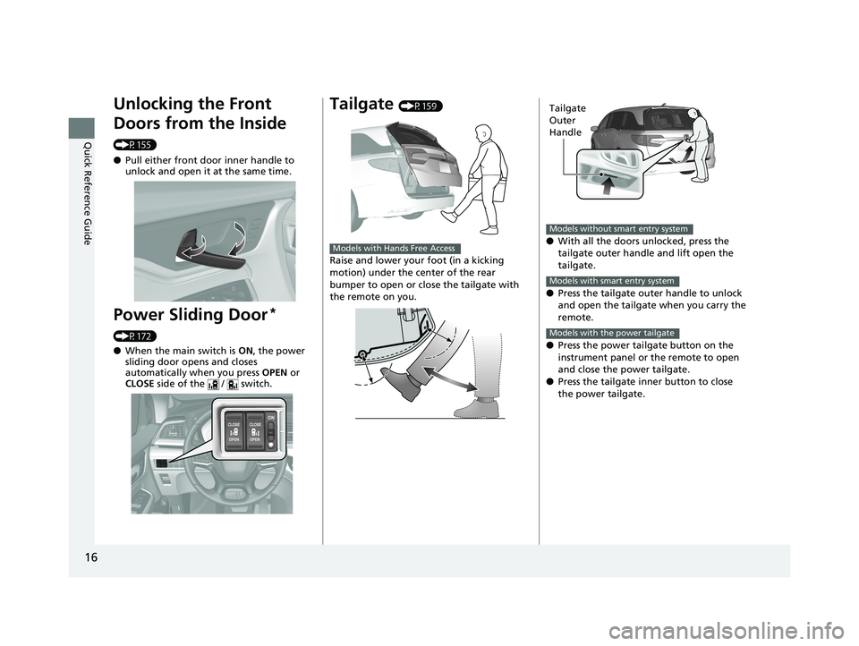 HONDA ODYSSEY 2019 Owners Manual (in English) 16
Quick Reference Guide
Unlocking the Front
Doors from the Inside
(P155)
●Pull either front door inner handle to
unlock and open it at the same time.
Power Sliding Door*
(P172)
●When the main HONDA ODYSSEY 2019 Owners Manual (in English) 16
Quick Reference Guide
Unlocking the Front
Doors from the Inside
(P155)
●Pull either front door inner handle to
unlock and open it at the same time.
Power Sliding Door*
(P172)
●When the main