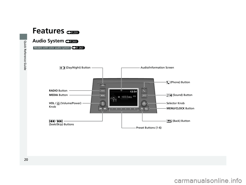 HONDA ODYSSEY 2019  Owners Manual (in English) 20
Quick Reference Guide
Features (P259)
Audio System (P260)
MENU/CLOCK Button
Selector Knob
 (Day/Night) Button
 (Back) Button
 (Sound) Button
VOL
 /   (Volume/Power) 
Knob
Preset Buttons (1-6)  (Pho