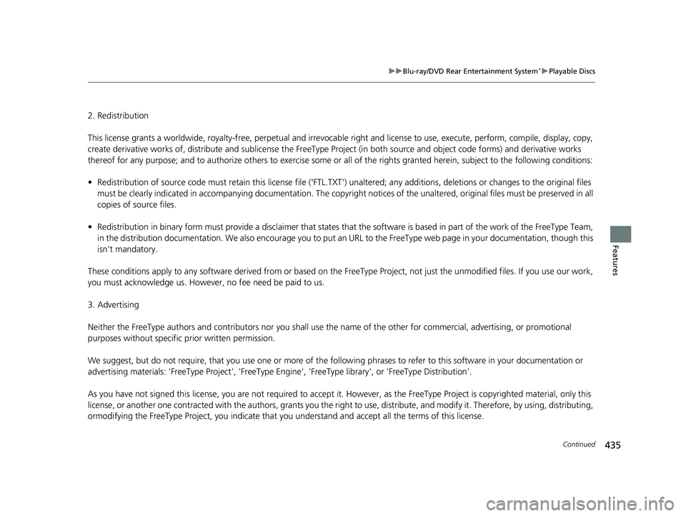 HONDA ODYSSEY 2019 Owners Manual (in English) 435
uuBlu-ray/DVD Rear Entertainment System*uPlayable Discs
Continued
Features
2. Redistribution
This license grants a worldwide, royalty-fr ee, perpetual and irrevocable right and license to use, ex HONDA ODYSSEY 2019 Owners Manual (in English) 435
uuBlu-ray/DVD Rear Entertainment System*uPlayable Discs
Continued
Features
2. Redistribution
This license grants a worldwide, royalty-fr ee, perpetual and irrevocable right and license to use, ex