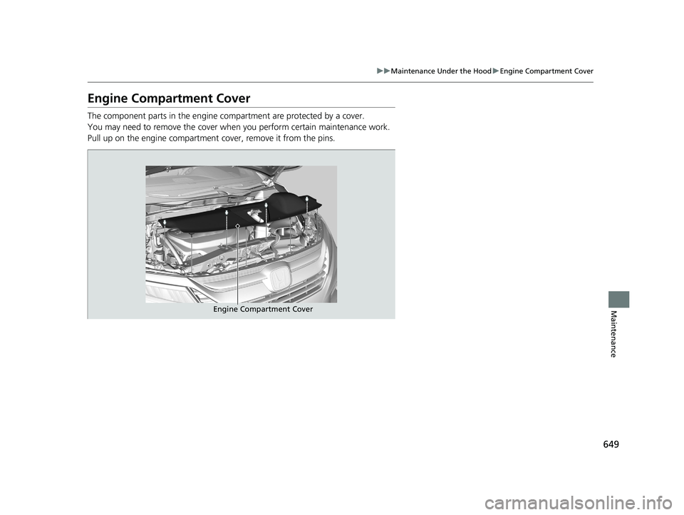 HONDA ODYSSEY 2019  Owners Manual (in English) 649
uuMaintenance Under the Hood uEngine Compartment Cover
Maintenance
Engine Compartment Cover
The component parts in the engine co mpartment are protected by a cover.
You may need to remove the cove