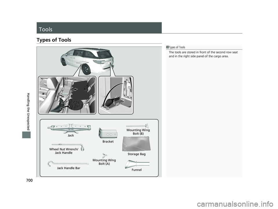 HONDA ODYSSEY 2019  Owners Manual (in English) 700
Handling the Unexpected
Tools
Types of Tools
1Types of Tools
The tools are stored in fr ont of the second row seat 
and in the right side pa nel of the cargo area.
Wheel Nut Wrench/
Jack Handle Ja