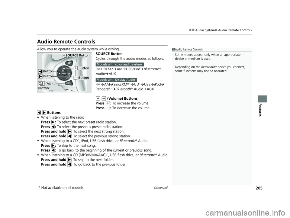 HONDA RIDGELINE 2019 Owners Manual (in English) 205
uuAudio System uAudio Remote Controls
Continued
Features
Audio Remote Controls
Allow you to operate the au dio system while driving.
SOURCE Button
Cycles through the audio modes as follows:
FM1 HONDA RIDGELINE 2019 Owners Manual (in English) 205
uuAudio System uAudio Remote Controls
Continued
Features
Audio Remote Controls
Allow you to operate the au dio system while driving.
SOURCE Button
Cycles through the audio modes as follows:
FM1