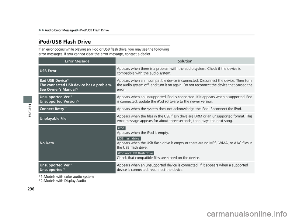 HONDA RIDGELINE 2019  Owners Manual (in English) 296
uuAudio Error Messages uiPod/USB Flash Drive
Features
iPod/USB Flash Drive
If an error occurs while play ing an iPod or USB flash driv e, you may see the following 
error messages. If you cannot c