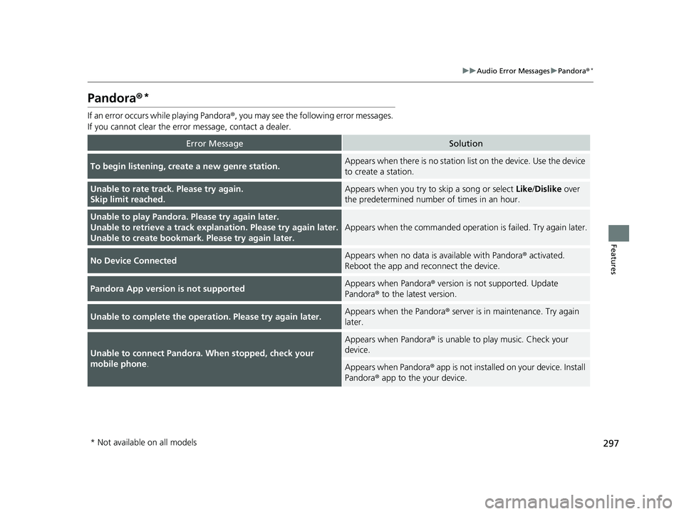 HONDA RIDGELINE 2019  Owners Manual (in English) 297
uuAudio Error Messages uPandora®*
Features
Pandora ®*
If an error occurs while playing Pandora ®, you may see the following error messages. 
If you cannot clear the error message, contact a dea
