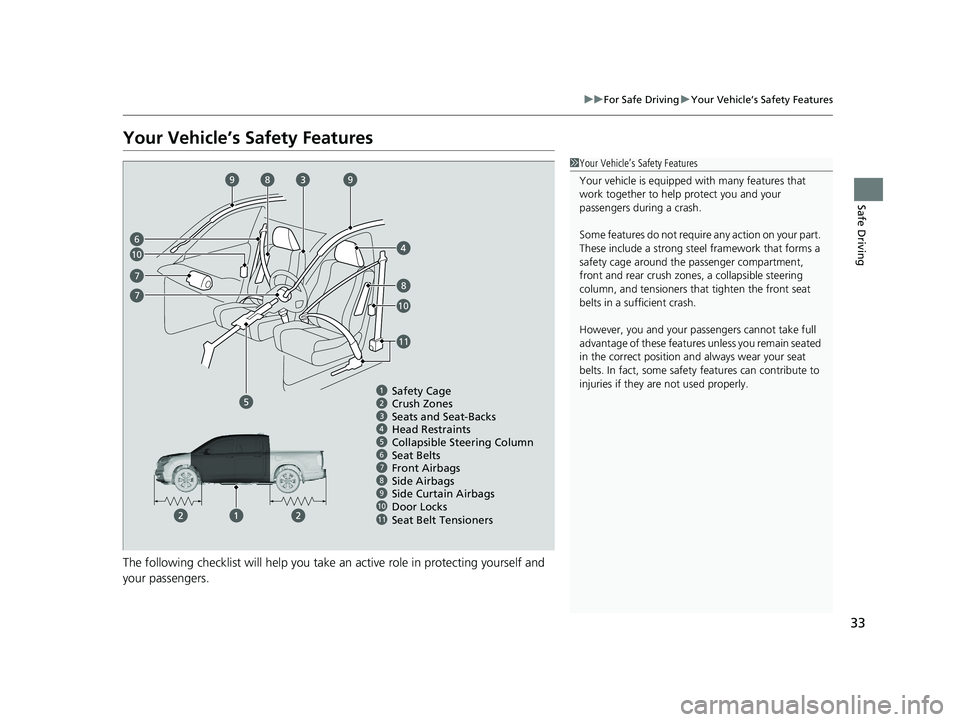 HONDA RIDGELINE 2019  Owners Manual (in English) 33
uuFor Safe Driving uYour Vehicle’s Safety Features
Safe Driving
Your Vehicle’s Safety Features
The following checklist will help you take an active role in protecting yourself and 
your passeng