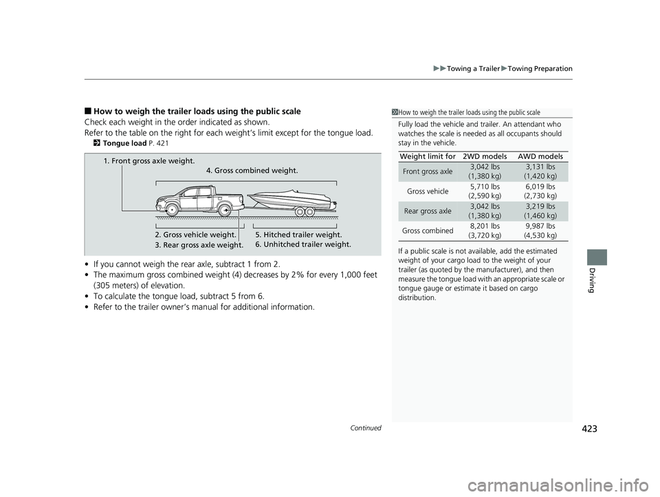 HONDA RIDGELINE 2019  Owners Manual (in English) Continued423
uuTowing a Trailer uTowing Preparation
Driving
■How to weigh the trailer load s using the public scale
Check each weight in the order indicated as shown.
Refer to the table on the right